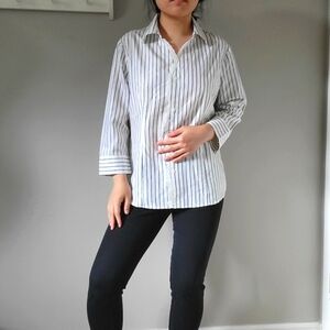 Vintage pinstripe silk shirt white black lace trim blouse size medium